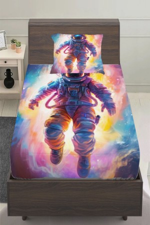 Renkli Astranot Uzay Desenli Çocuk Tek Kişilik Yastıklı Çarşaf Takımı 100x200 cm