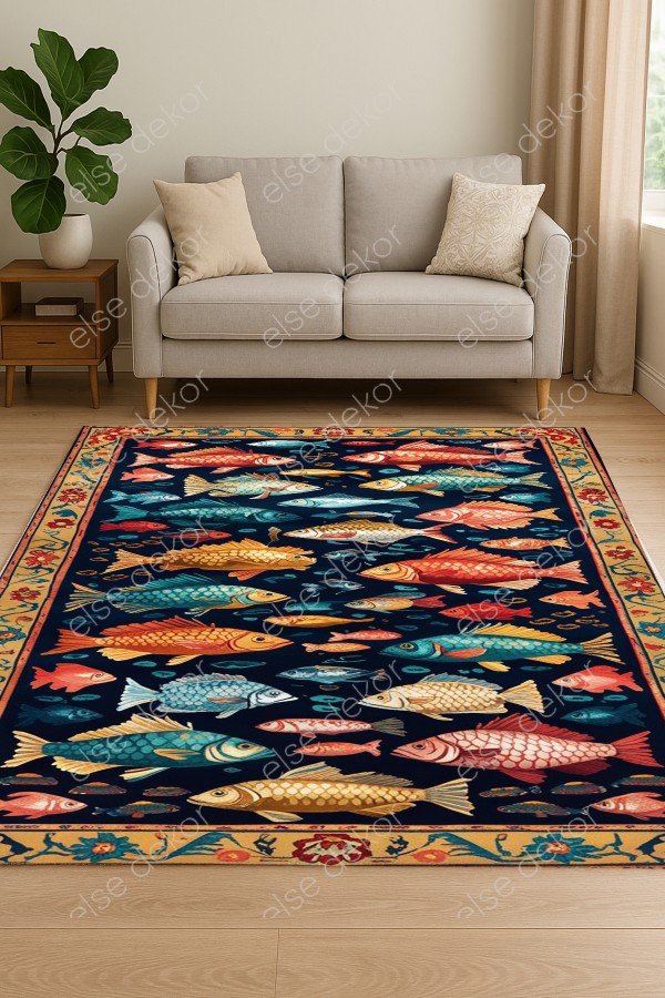 Renkli Balıklar Desenli Makinede Yıkanabilir Dokuma Şönil Halı Bohem Eskitme Vintage Mutfak Halısı Renkli Balıklar Desenli Makinede Yıkanabilir Dokuma Şönil Halı Bohem Eskitme Vintage Mutfak Halısı
