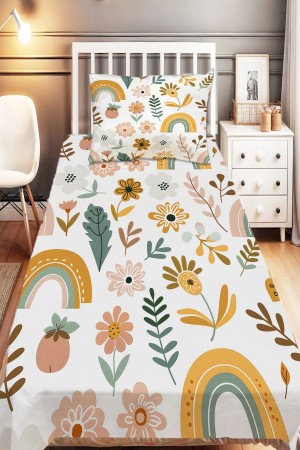 Çiçekli Boho Gökkuşağı Desenli Kız Çocuk Dekoratif Baskılı Yatak Örtüsü