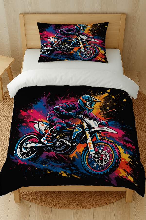Renkli Motorcu Desenli Pamuk Saten Tek Kişilik Nevresim Takımı 160x220cm Renkli Motorcu Desenli Pamuk Saten Tek Kişilik Nevresim Takımı 160x220cm