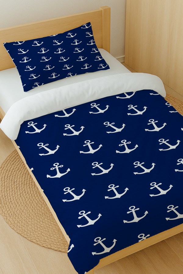 Mavi Denizci Çapa Desenli Pamuk Saten Tek Kişilik Nevresim Takımı 160x220cm Mavi Denizci Çapa Desenli Pamuk Saten Tek Kişilik Nevresim Takımı 160x220cm