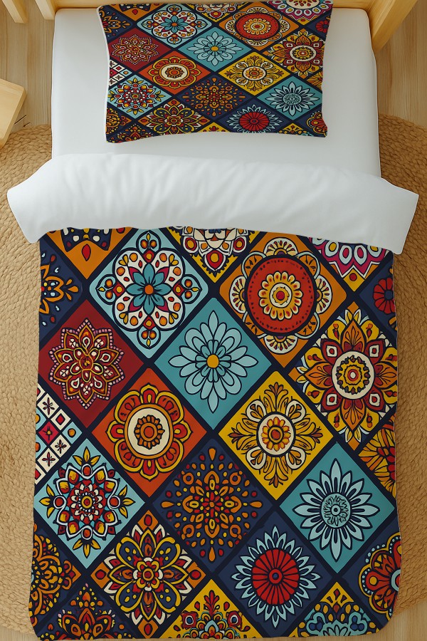 Renkli Karolar Etnik Desenli Pamuk Saten Tek Kişilik Nevresim Takımı 160x220cm Renkli Karolar Etnik Desenli Pamuk Saten Tek Kişilik Nevresim Takımı 160x220cm