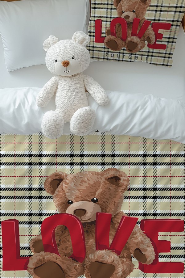 Love Ayı Teddy Desenli Kız Çocuk Tek Kişilik Nevresim Takımı Yastık Kılıflı