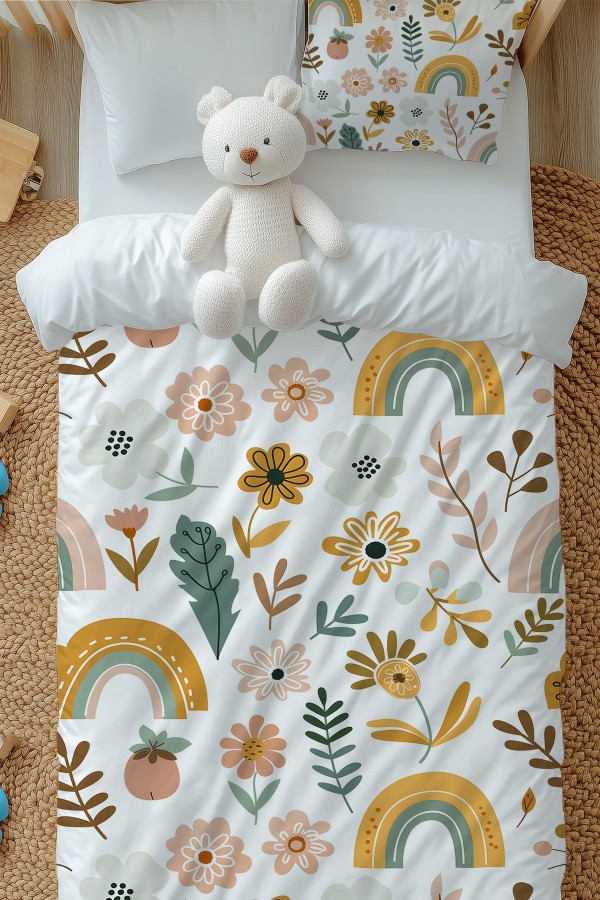 Çiçekli Boho Gökkuşağı Desenli Kız Çocuk Tek Kişilik Nevresim Takımı Yastık Kılıflı Çiçekli Boho Gökkuşağı Desenli Kız Çocuk Tek Kişilik Nevresim Takımı Yastık Kılıflı