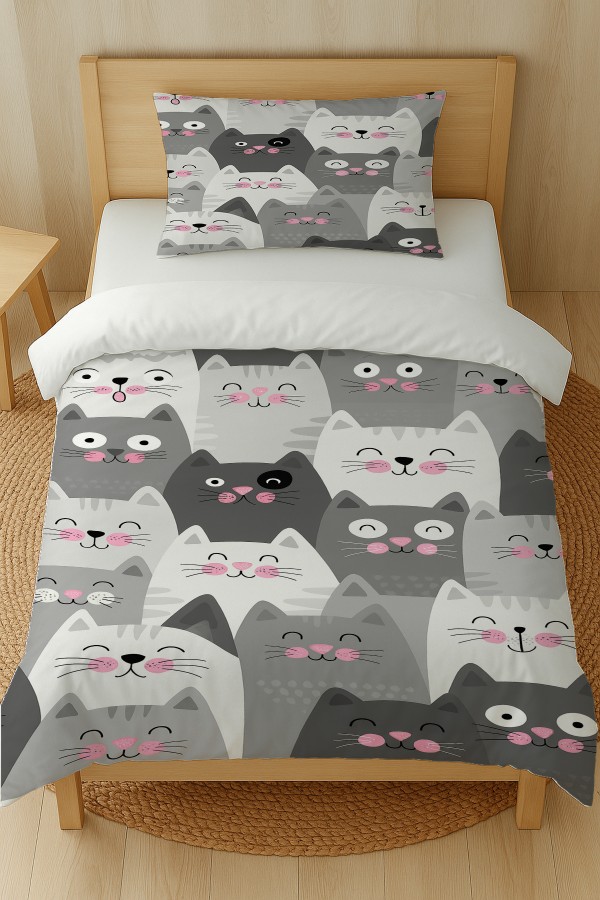 Gri Beyaz Kediler Desenli Pamuk Saten Tek Kişilik Nevresim Takımı 160x220cm Gri Beyaz Kediler Desenli Pamuk Saten Tek Kişilik Nevresim Takımı 160x220cm