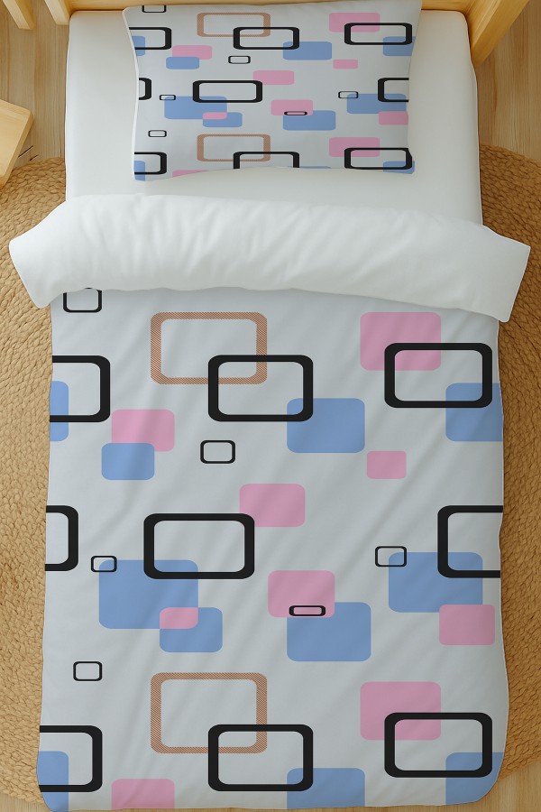 Mavi Pembe Geometrik Desenli Pamuk Saten Tek Kişilik Nevresim Takımı 160x220cm Mavi Pembe Geometrik Desenli Pamuk Saten Tek Kişilik Nevresim Takımı 160x220cm