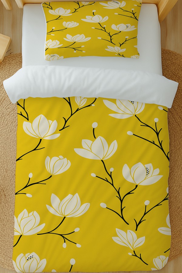 Sarı Beyaz Çiçekler Desenli Pamuk Saten Tek Kişilik Nevresim Takımı 160x220cm Sarı Beyaz Çiçekler Desenli Pamuk Saten Tek Kişilik Nevresim Takımı 160x220cm