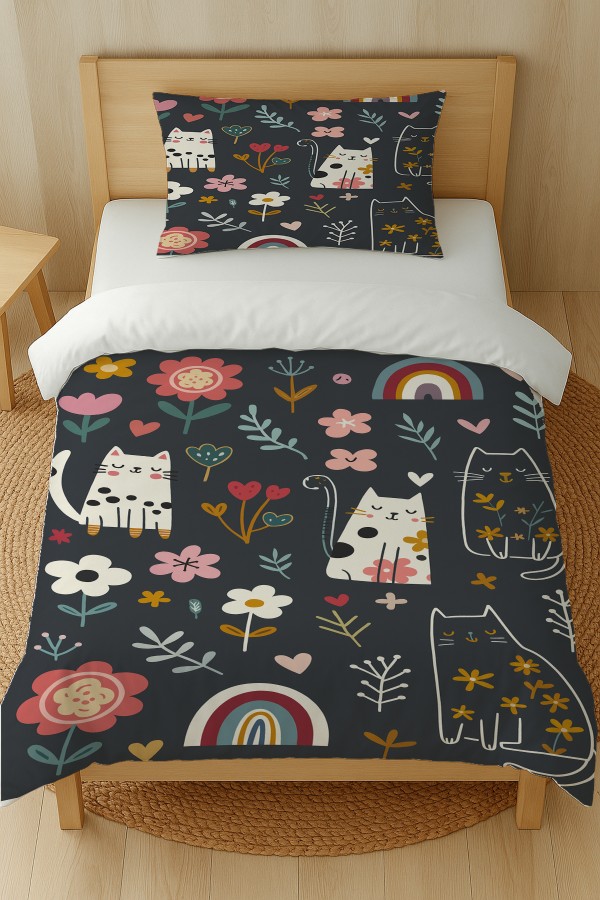 Mistik Kedili Desenli Pamuk Saten Tek Kişilik Nevresim Takımı 160x220cm Mistik Kedili Desenli Pamuk Saten Tek Kişilik Nevresim Takımı 160x220cm