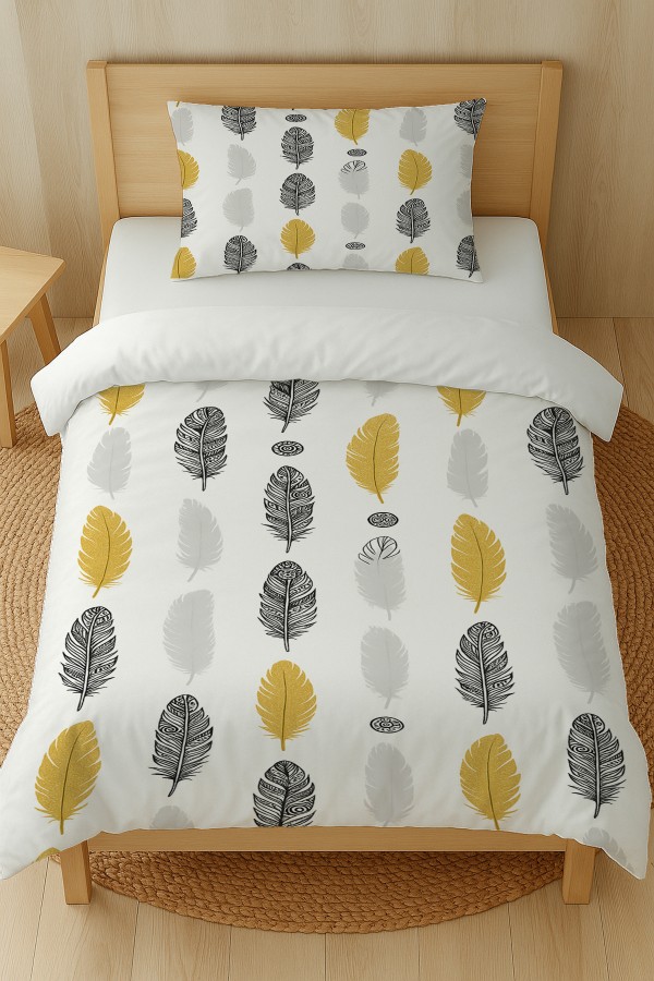 Sarı Gri Etnik Tüyler Desenli Pamuk Saten Tek Kişilik Nevresim Takımı 160x220cm Sarı Gri Etnik Tüyler Desenli Pamuk Saten Tek Kişilik Nevresim Takımı 160x220cm
