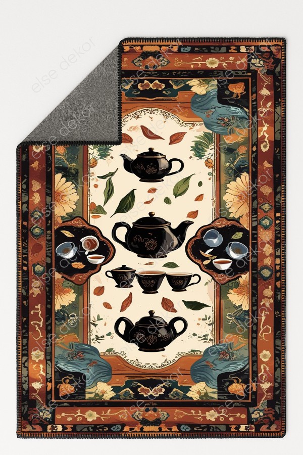 Çay Teması Desenli Makinede Yıkanabilir Dokuma Şönil Halı Bohem Eskitme Vintage Oda Mutfak Halısı Çay Teması Desenli Makinede Yıkanabilir Dokuma Şönil Halı Bohem Eskitme Vintage Oda Mutfak Halısı