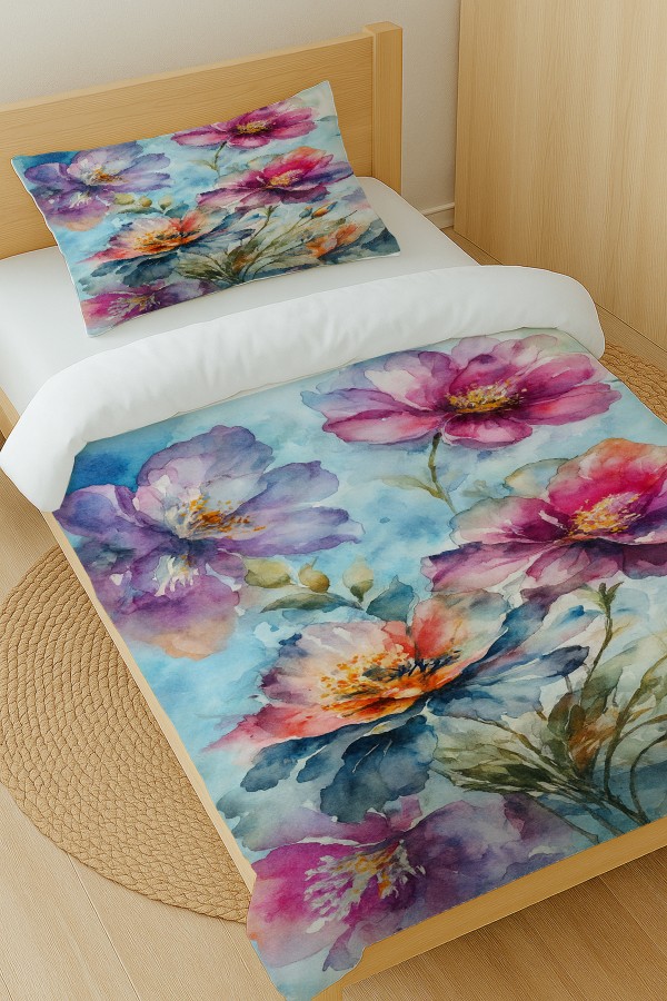 Suluboya Çiçek Desenli Pamuk Saten Tek Kişilik Nevresim Takımı 160x220cm Suluboya Çiçek Desenli Pamuk Saten Tek Kişilik Nevresim Takımı 160x220cm