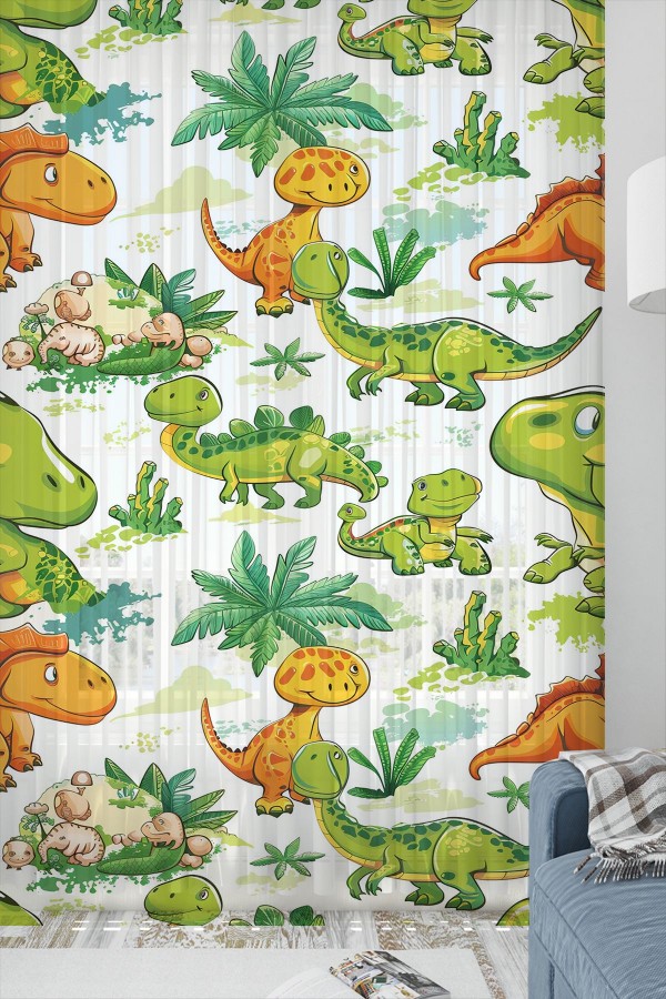 Yeşil Turuncu Dinazorlar Desenli Erkek Çocuk Odası Tül Perde 140x260cm Yeşil Turuncu Dinazorlar Desenli Erkek Çocuk Odası Tül Perde 140x260cm
