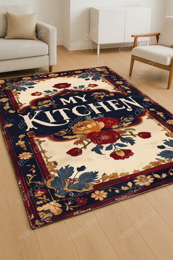 My Kitchen Desenli Makinede Yıkanabilir Dokuma Şönil Halı Bohem Eskitme Vintage Oda Mutfak Halısı My Kitchen Desenli Makinede Yıkanabilir Dokuma Şönil Halı Bohem Eskitme Vintage Oda Mutfak Halısı
