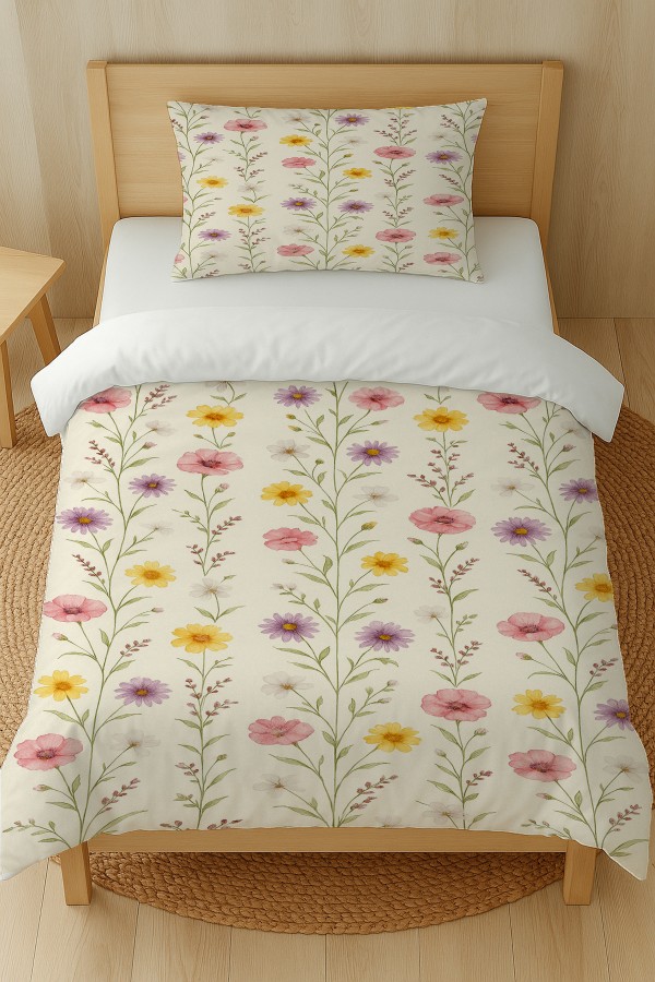 Renkli Çiçekler Desenli Pamuk Saten Tek Kişilik Nevresim Takımı 160x220cm Renkli Çiçekler Desenli Pamuk Saten Tek Kişilik Nevresim Takımı 160x220cm