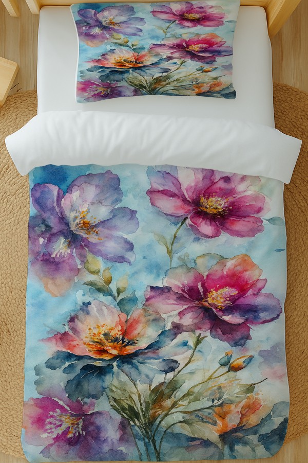 Suluboya Çiçek Desenli Pamuk Saten Tek Kişilik Nevresim Takımı 160x220cm Suluboya Çiçek Desenli Pamuk Saten Tek Kişilik Nevresim Takımı 160x220cm