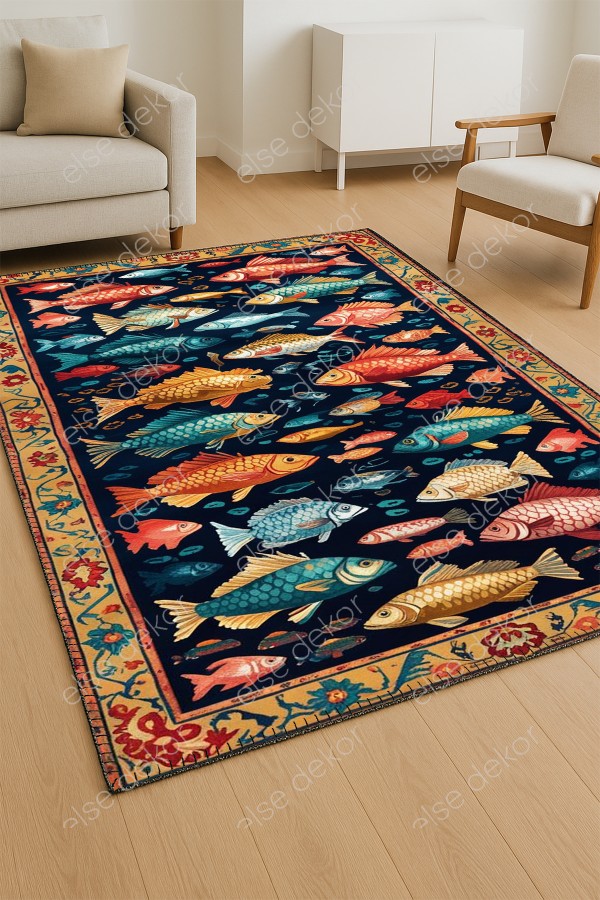 Renkli Balıklar Desenli Makinede Yıkanabilir Dokuma Şönil Halı Bohem Eskitme Vintage Mutfak Halısı Renkli Balıklar Desenli Makinede Yıkanabilir Dokuma Şönil Halı Bohem Eskitme Vintage Mutfak Halısı