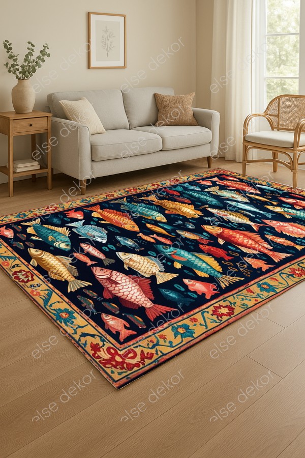 Renkli Balıklar Desenli Makinede Yıkanabilir Dokuma Şönil Halı Bohem Eskitme Vintage Mutfak Halısı Renkli Balıklar Desenli Makinede Yıkanabilir Dokuma Şönil Halı Bohem Eskitme Vintage Mutfak Halısı