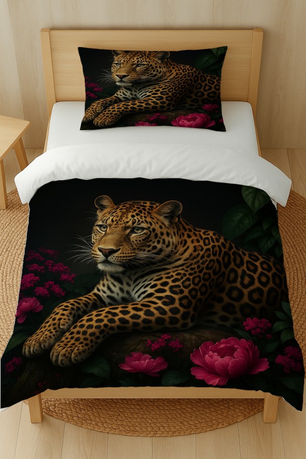 Leopar Gül Desenli Pamuk Saten Tek Kişilik Nevresim Takımı 160x220cm Leopar Gül Desenli Pamuk Saten Tek Kişilik Nevresim Takımı 160x220cm