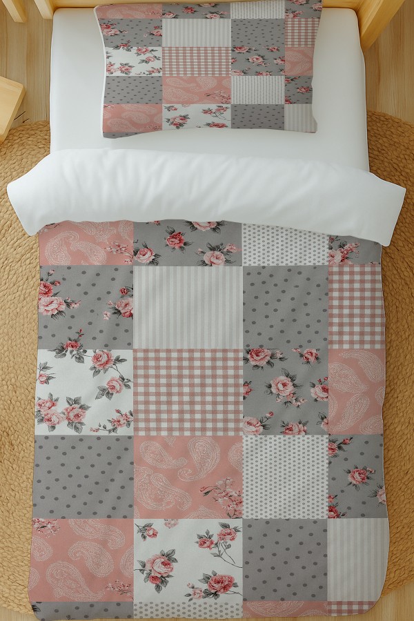 Gri Pembe Retro Çiçek Desenli Pamuk Saten Tek Kişilik Nevresim Takımı 160x220cm Gri Pembe Retro Çiçek Desenli Pamuk Saten Tek Kişilik Nevresim Takımı 160x220cm