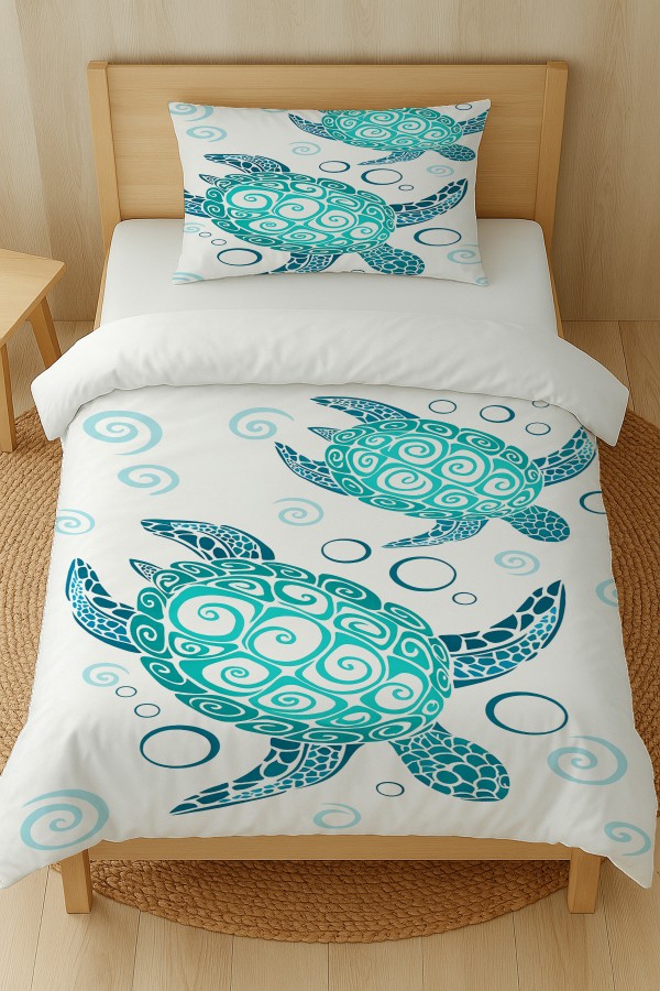 Turkuaz Caretta Kaplumbağa Desenli Pamuk Saten Tek Kişilik Nevresim Takımı 160x220cm Turkuaz Caretta Kaplumbağa Desenli Pamuk Saten Tek Kişilik Nevresim Takımı 160x220cm
