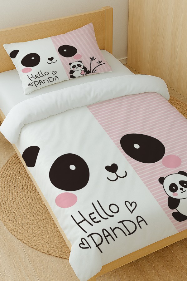 Sevimli Panda Desenli Pamuk Saten Tek Kişilik Nevresim Takımı 160x220cm Sevimli Panda Desenli Pamuk Saten Tek Kişilik Nevresim Takımı 160x220cm