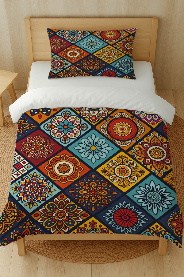 Renkli Karolar Etnik Desenli Pamuk Saten Tek Kişilik Nevresim Takımı 160x220cm Renkli Karolar Etnik Desenli Pamuk Saten Tek Kişilik Nevresim Takımı 160x220cm