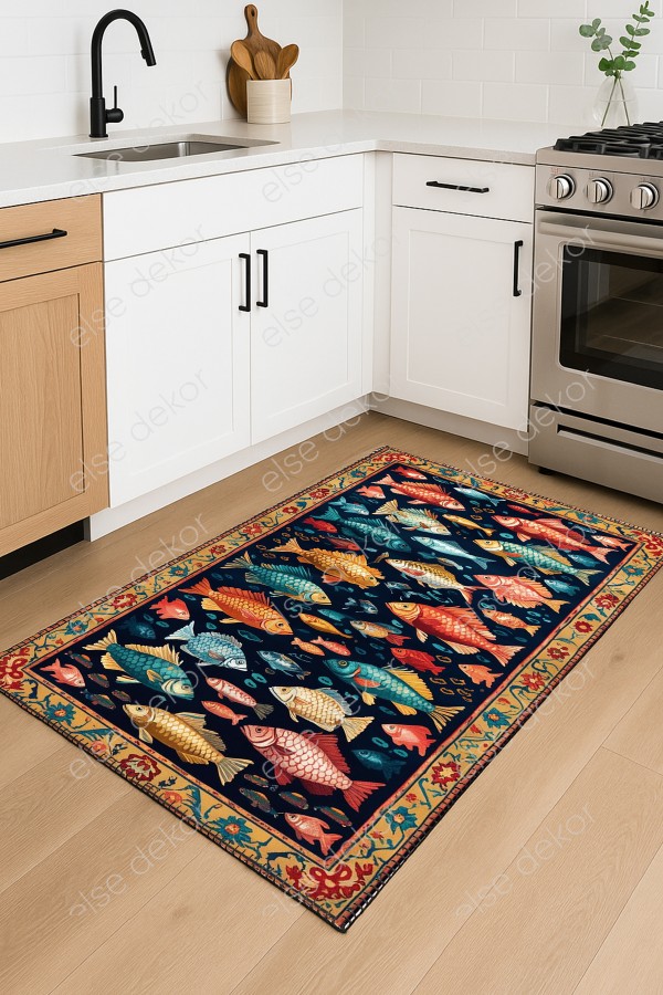 Renkli Balıklar Desenli Makinede Yıkanabilir Dokuma Şönil Halı Bohem Eskitme Vintage Mutfak Halısı Renkli Balıklar Desenli Makinede Yıkanabilir Dokuma Şönil Halı Bohem Eskitme Vintage Mutfak Halısı