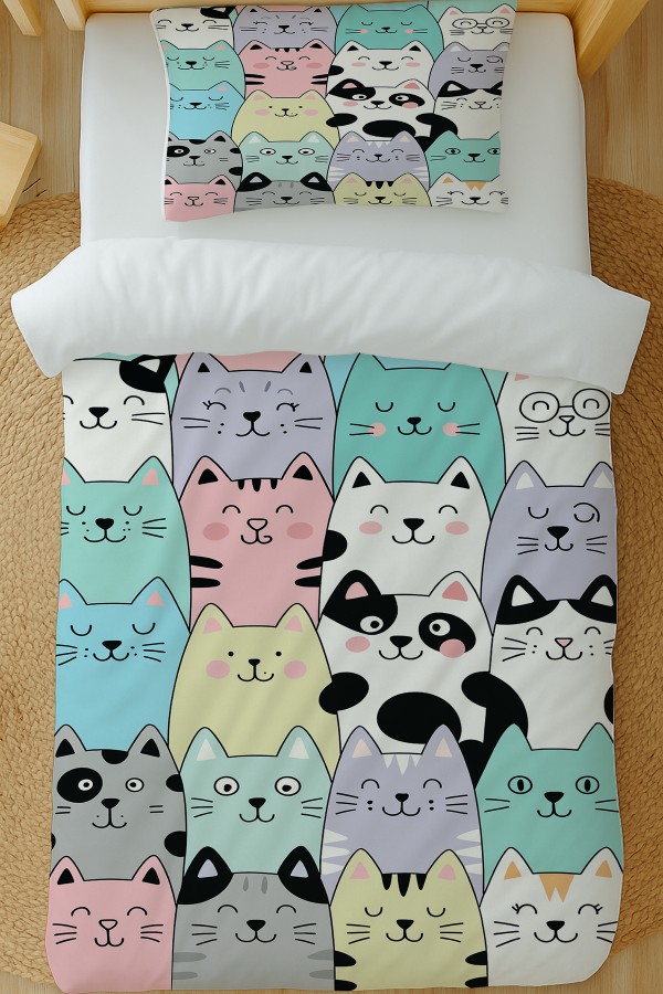 Renkli Kediler Desenli Pamuk Saten Tek Kişilik Nevresim Takımı 160x220cm Renkli Kediler Desenli Pamuk Saten Tek Kişilik Nevresim Takımı 160x220cm