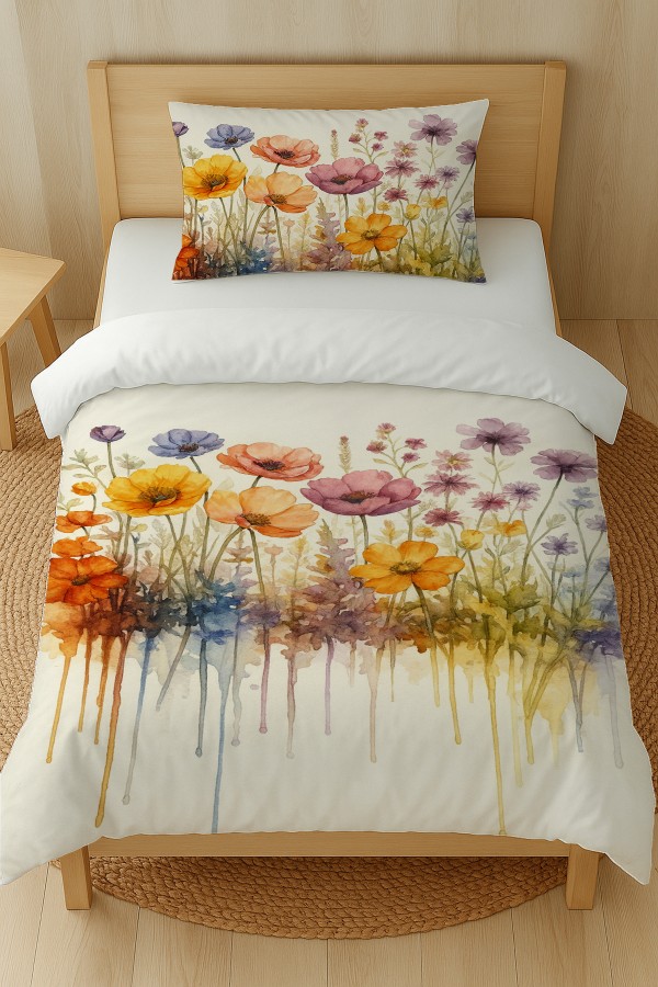 Suluboya Çiçekler Desenli Pamuk Saten Tek Kişilik Nevresim Takımı 160x220cm Suluboya Çiçekler Desenli Pamuk Saten Tek Kişilik Nevresim Takımı 160x220cm