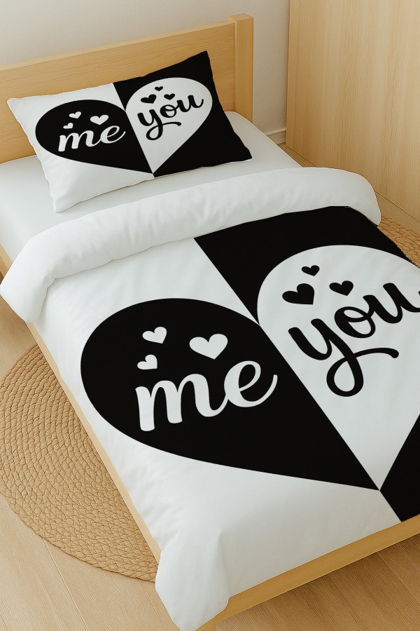 Siyah Beyaz Kalpli Desenli Pamuk Saten Tek Kişilik Nevresim Takımı 160x220cm Siyah Beyaz Kalpli Desenli Pamuk Saten Tek Kişilik Nevresim Takımı 160x220cm
