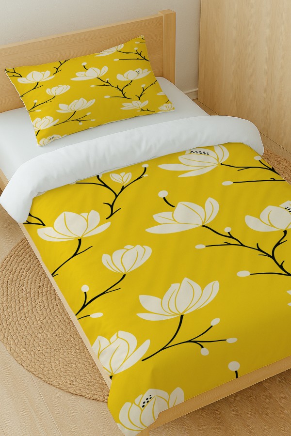 Sarı Beyaz Çiçekler Desenli Pamuk Saten Tek Kişilik Nevresim Takımı 160x220cm Sarı Beyaz Çiçekler Desenli Pamuk Saten Tek Kişilik Nevresim Takımı 160x220cm