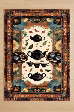 Çay Teması Desenli Makinede Yıkanabilir Dokuma Şönil Halı Bohem Eskitme Vintage Oda Mutfak Halısı Çay Teması Desenli Makinede Yıkanabilir Dokuma Şönil Halı Bohem Eskitme Vintage Oda Mutfak Halısı