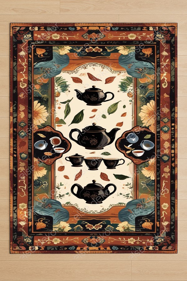 Çay Teması Desenli Makinede Yıkanabilir Dokuma Şönil Halı Bohem Eskitme Vintage Oda Mutfak Halısı Çay Teması Desenli Makinede Yıkanabilir Dokuma Şönil Halı Bohem Eskitme Vintage Oda Mutfak Halısı