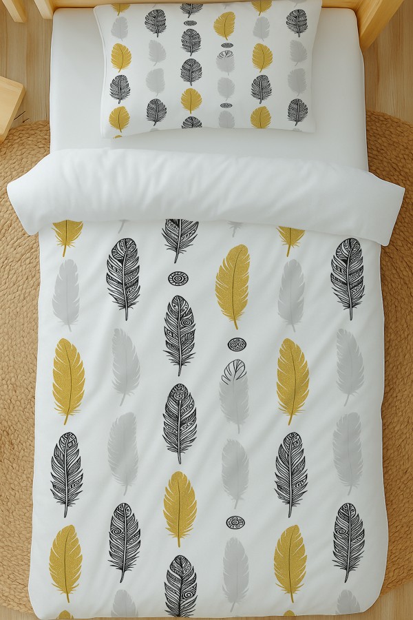 Sarı Gri Etnik Tüyler Desenli Pamuk Saten Tek Kişilik Nevresim Takımı 160x220cm Sarı Gri Etnik Tüyler Desenli Pamuk Saten Tek Kişilik Nevresim Takımı 160x220cm