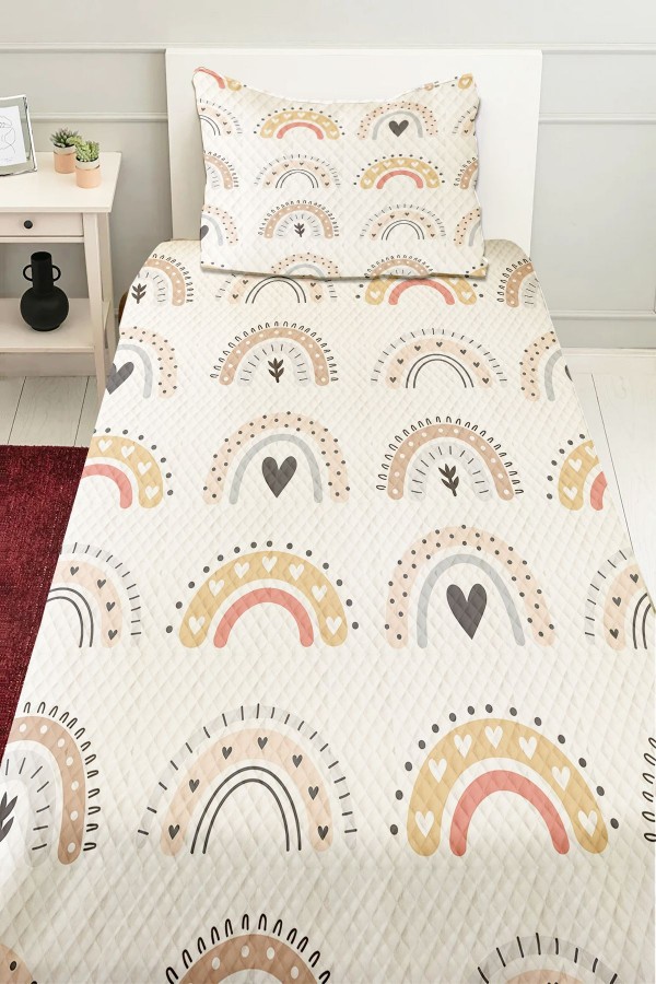 Renkli Boho Gökkuşakları Desenli Kız Çocuk Tek Kişilik Kapitoneli Pike Takımı Yatak Örtüsü Renkli Boho Gökkuşakları Desenli Kız Çocuk Tek Kişilik Kapitoneli Pike Takımı Yatak Örtüsü