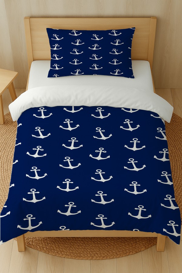 Mavi Denizci Çapa Desenli Pamuk Saten Tek Kişilik Nevresim Takımı 160x220cm Mavi Denizci Çapa Desenli Pamuk Saten Tek Kişilik Nevresim Takımı 160x220cm