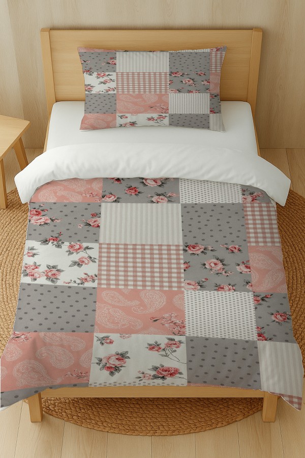 Gri Pembe Retro Çiçek Desenli Pamuk Saten Tek Kişilik Nevresim Takımı 160x220cm Gri Pembe Retro Çiçek Desenli Pamuk Saten Tek Kişilik Nevresim Takımı 160x220cm