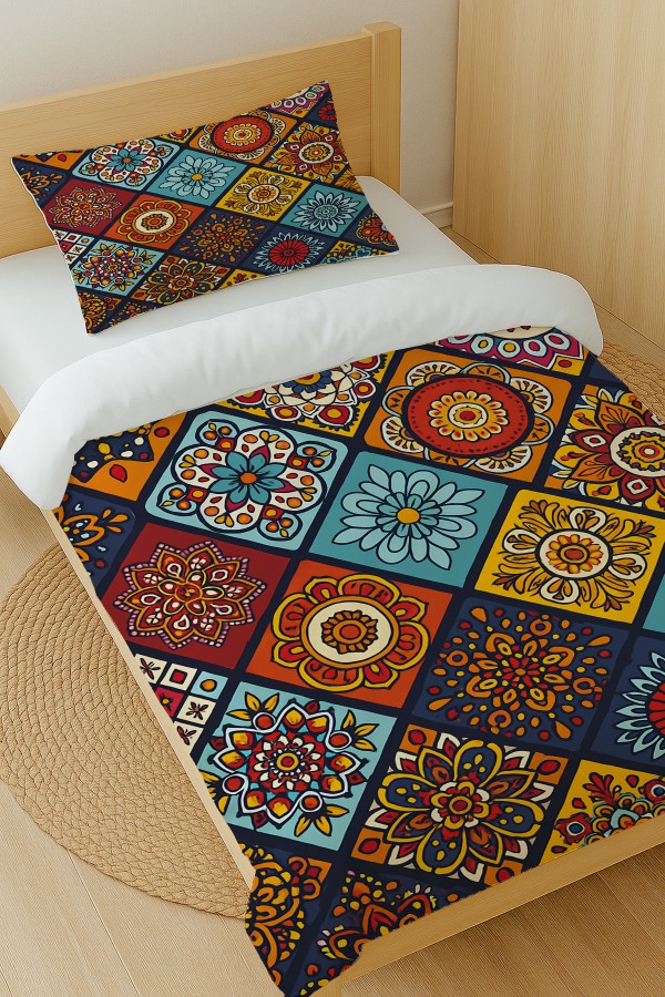 Renkli Karolar Etnik Desenli Pamuk Saten Tek Kişilik Nevresim Takımı 160x220cm Renkli Karolar Etnik Desenli Pamuk Saten Tek Kişilik Nevresim Takımı 160x220cm