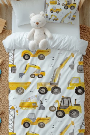 Sarı İş Makineleri Desenli Erkek Çocuk Tek Kişilik Nevresim Takımı Yastık Kılıflı