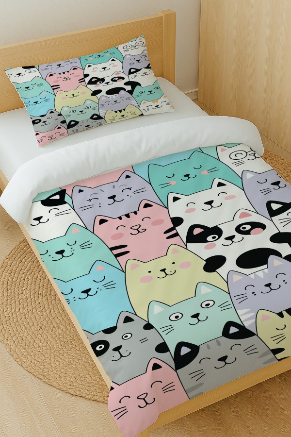 Renkli Kediler Desenli Pamuk Saten Tek Kişilik Nevresim Takımı 160x220cm Renkli Kediler Desenli Pamuk Saten Tek Kişilik Nevresim Takımı 160x220cm