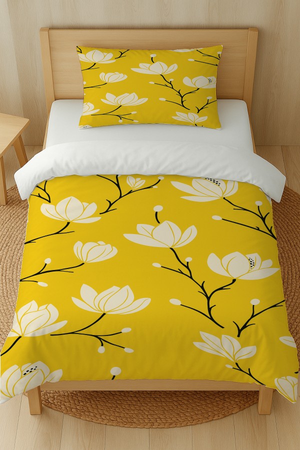 Sarı Beyaz Çiçekler Desenli Pamuk Saten Tek Kişilik Nevresim Takımı 160x220cm Sarı Beyaz Çiçekler Desenli Pamuk Saten Tek Kişilik Nevresim Takımı 160x220cm