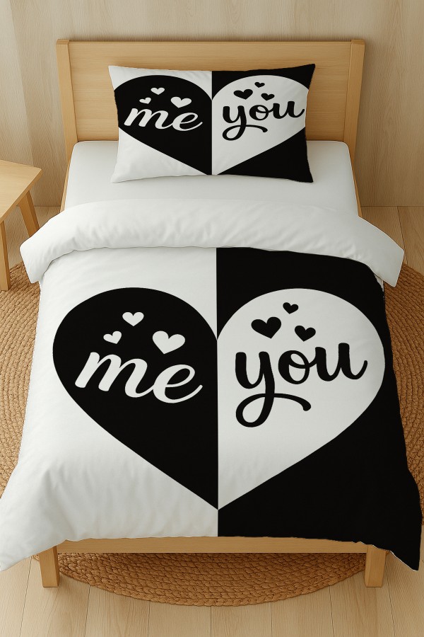 Siyah Beyaz Kalpli Desenli Pamuk Saten Tek Kişilik Nevresim Takımı 160x220cm Siyah Beyaz Kalpli Desenli Pamuk Saten Tek Kişilik Nevresim Takımı 160x220cm
