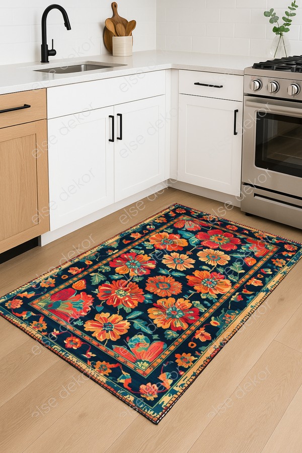 Renkli Çiçekler Desenli Makinede Yıkanabilir Dokuma Şönil Halı Bohem Eskitme Vintage Mutfak Halısı Renkli Çiçekler Desenli Makinede Yıkanabilir Dokuma Şönil Halı Bohem Eskitme Vintage Mutfak Halısı