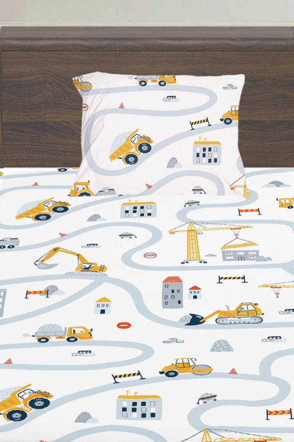 İnşaat İş Makineleri Desenli Erkek Çocuk Tek Kişilik Yastıklı Çarşaf Takımı 100x200 cm İnşaat İş Makineleri Desenli Erkek Çocuk Tek Kişilik Yastıklı Çarşaf Takımı 100x200 cm