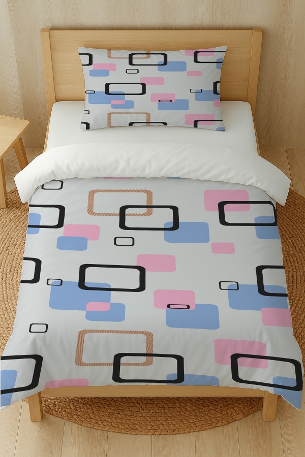 Mavi Pembe Geometrik Desenli Pamuk Saten Tek Kişilik Nevresim Takımı 160x220cm Mavi Pembe Geometrik Desenli Pamuk Saten Tek Kişilik Nevresim Takımı 160x220cm