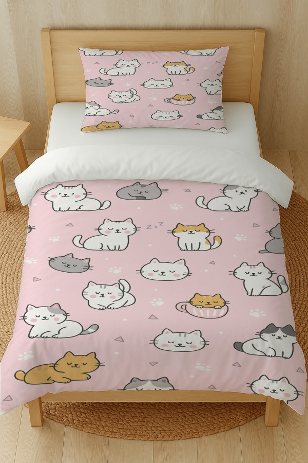Pembe Sevimli Kediler Desenli Pamuk Saten Tek Kişilik Nevresim Takımı 160x220cm Pembe Sevimli Kediler Desenli Pamuk Saten Tek Kişilik Nevresim Takımı 160x220cm