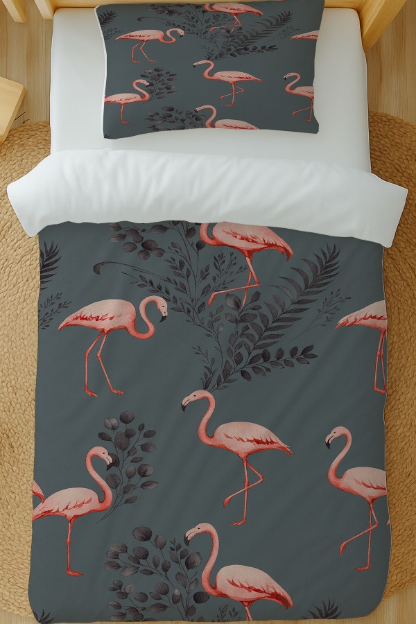 Pembe Flamingo Gri Desenli Pamuk Saten Tek Kişilik Nevresim Takımı 160x220cm Pembe Flamingo Gri Desenli Pamuk Saten Tek Kişilik Nevresim Takımı 160x220cm