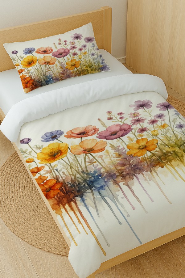 Suluboya Çiçekler Desenli Pamuk Saten Tek Kişilik Nevresim Takımı 160x220cm Suluboya Çiçekler Desenli Pamuk Saten Tek Kişilik Nevresim Takımı 160x220cm