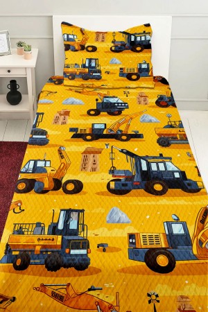 Sarı İş Makineleri İnşaat Desenli Erkek Çocuk Tek Kişilik Kapitoneli Pike Takımı Yatak Örtüsü