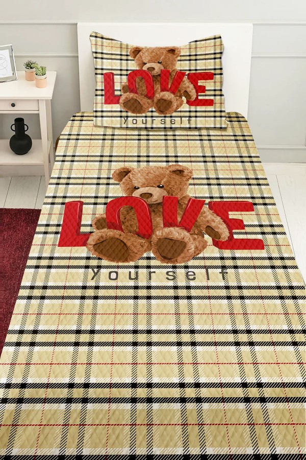Love Ayı Teddy Desenli Kız Çocuk Tek Kişilik Kapitoneli Pike Takımı Yatak Örtüsü Love Ayı Teddy Desenli Kız Çocuk Tek Kişilik Kapitoneli Pike Takımı Yatak Örtüsü